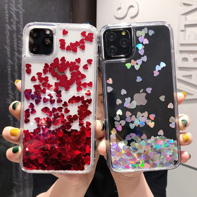 Калъф за телефон Glitter Love Heart Sequins Quicksand за iPhone 12 11Pro Max XR XS Max X 8 7 6S Plus Dynamic Liquid Case For 11 11Pro