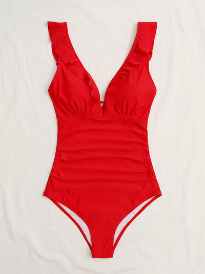 2023 szexi fehér fodros fürdőruha egyrészes női retro V nyakú, magas derékú fürdőruha Push Up fürdőruha Beach Monokini body