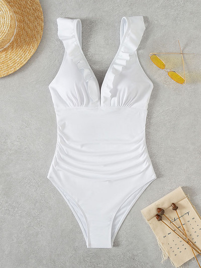 2023 szexi fehér fodros fürdőruha egyrészes női retro V nyakú, magas derékú fürdőruha Push Up fürdőruha Beach Monokini body