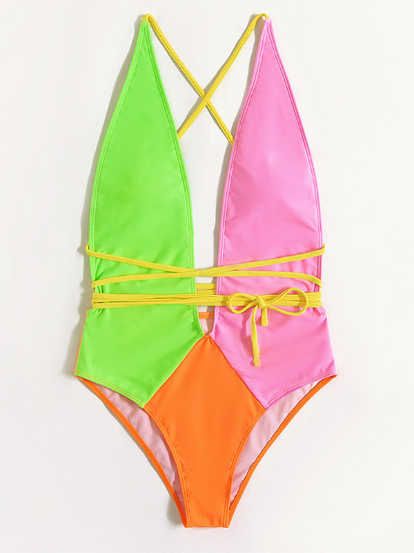 Σέξι γυναικείο μαγιό νέον Colorblock Μαγιό 2022 New Deep Plunge V λαιμόκοψη One Piece Summer Monokini