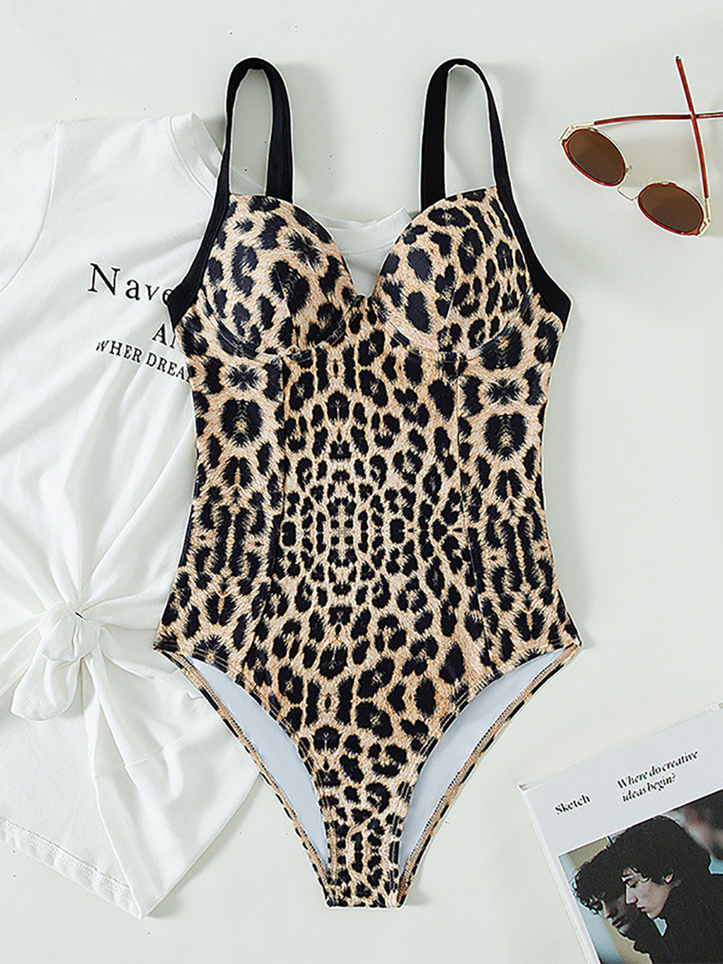 2022 Szexi Leopard Push Up Melltartó Alsó huzalos egyrészes fürdőruha V nyakú elöl Női fürdőruha széles, rugalmas szalagos fürdőruha Monokini