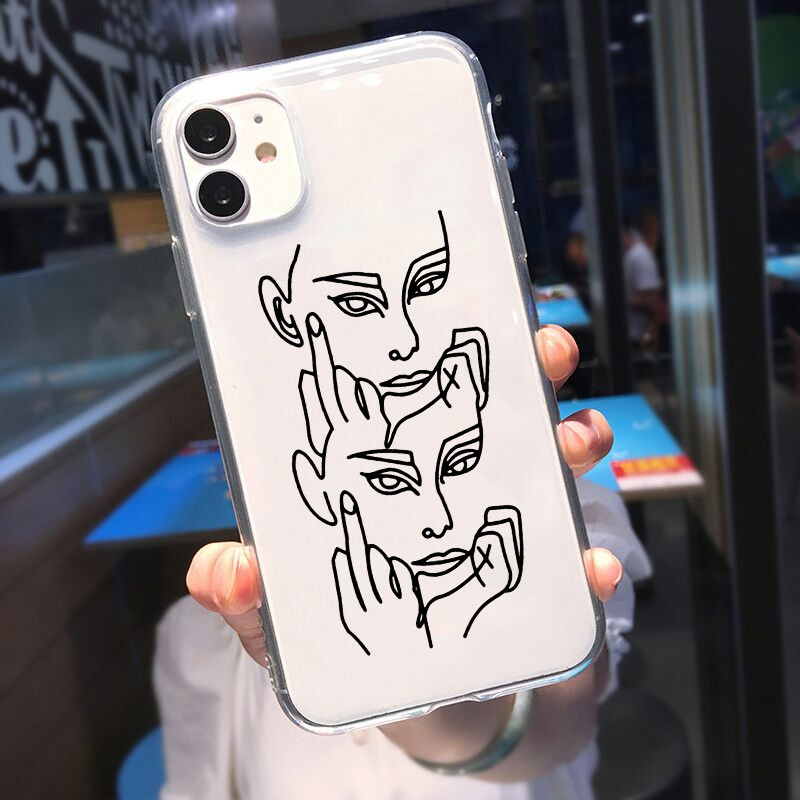 Калъф за телефон с абстрактна геометрична линия за IPhone 12 11 Pro X XR XS Max 13 SE 6 7 8 Plus 7Plus 8Plus Art Line Face Transparent Cover