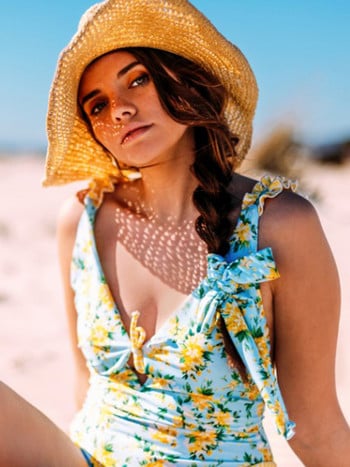 2022 Σέξι Γυναικείες με V λαιμό Boho Floral Ditsy Knot Μαγιό One Piece Sexi Ruched Μαγιό Κοστούμι μπάνιου στην παραλία Swim Monokini Young Lady