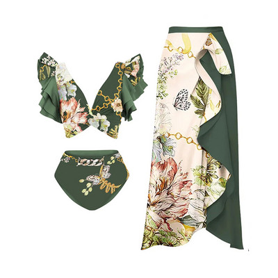 Vintage bikini peldkostīmi volāniem ar ziedu apdruku bikini peldkostīms un svārki Desiger peldkostīms sievietēm Retro Summwe sērfošanas apģērbs