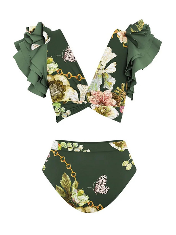 Vintage bikini fürdőruha Fodros virágmintás bikini fürdőruha és szoknya Desiger fürdőruha női retro Summwe szörföltözet