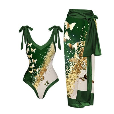 Vintage egyrészes fürdőruha Szexi, nyomott bikini szett és Cover Up Ünnepi strandruha fürdőruha, divatos Deep-v strandruha