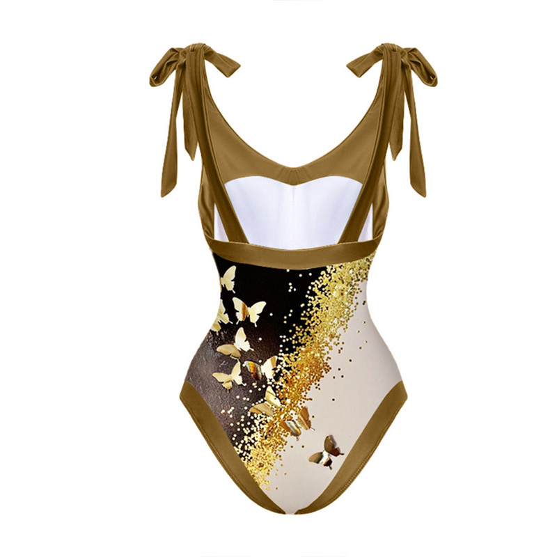 Vintage egyrészes fürdőruha Szexi, nyomott bikini szett és Cover Up Ünnepi strandruha fürdőruha, divatos Deep-v strandruha