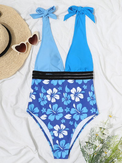 2023-as új szexi kék patchwork fürdőruha egyrészes V nyakú, virágmintás fürdőruha női hálós fürdőruha Bowknot Beach Wear