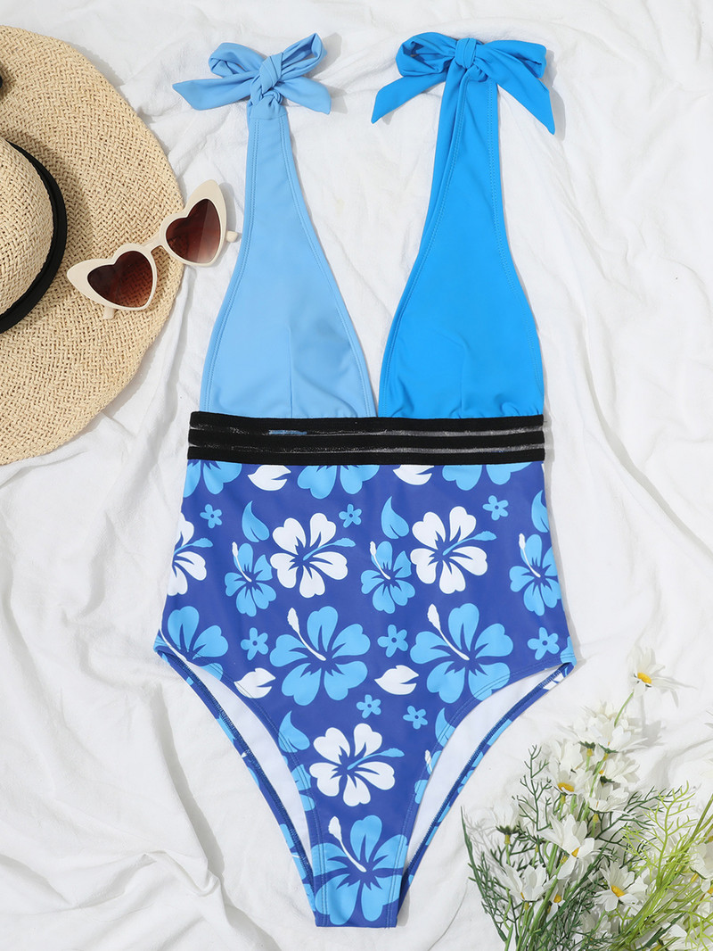 2023-as új szexi kék patchwork fürdőruha egyrészes V nyakú, virágmintás fürdőruha női hálós fürdőruha Bowknot Beach Wear