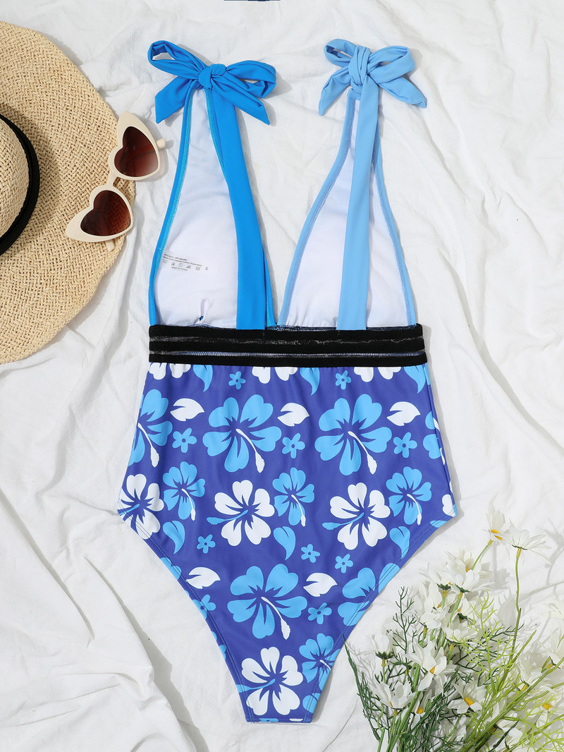 2023-as új szexi kék patchwork fürdőruha egyrészes V nyakú, virágmintás fürdőruha női hálós fürdőruha Bowknot Beach Wear