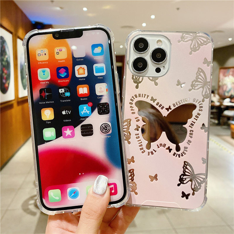 Makeup Mirror Butterfly telefontok iPhone 13 12 11 Pro Max XS Max XR X 7 8 Plus 13 Pro ütésálló lökhárító puha szilikon borítással