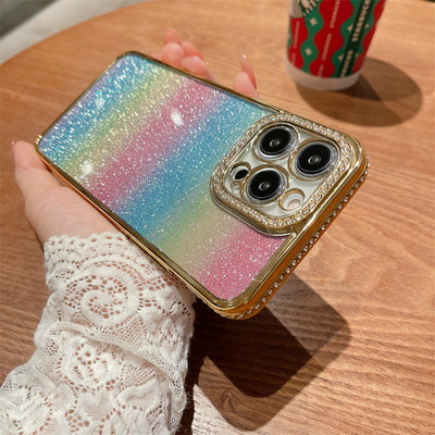 Θήκη τηλεφώνου Gradient Glitter Rainbow για iPhone 14 13 12 11 Pro Max XS Max XR 14Plus Πίσω κάλυμμα προφυλακτήρα από μαλακό στρας
