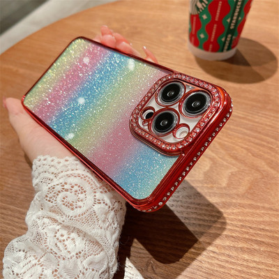 Θήκη τηλεφώνου Gradient Glitter Rainbow για iPhone 14 13 12 11 Pro Max XS Max XR 14Plus Πίσω κάλυμμα προφυλακτήρα από μαλακό στρας
