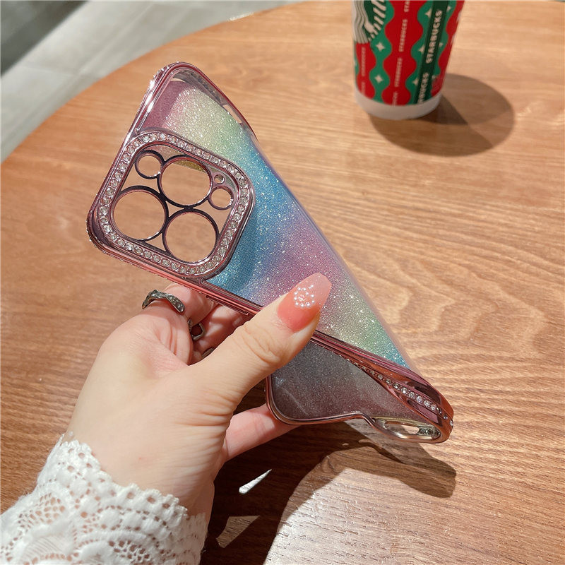 Θήκη τηλεφώνου Gradient Glitter Rainbow για iPhone 14 13 12 11 Pro Max XS Max XR 14Plus Πίσω κάλυμμα προφυλακτήρα από μαλακό στρας