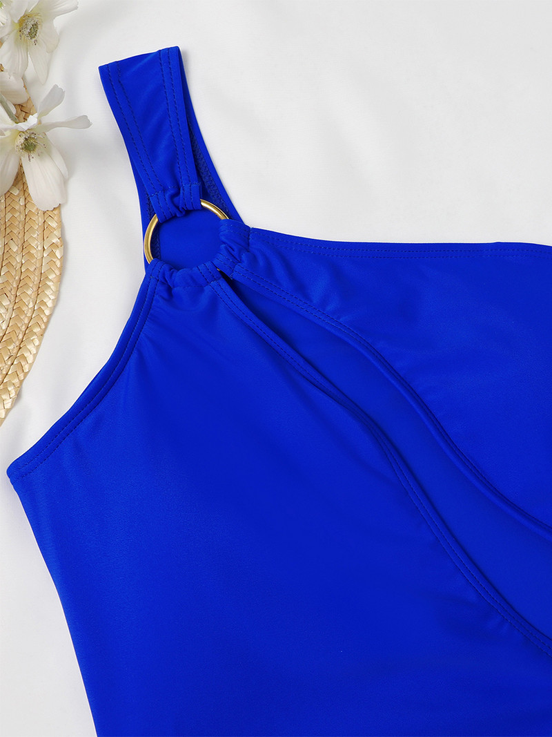 Seksi ženski asimetrični kupaći kostim na jedno rame, plavi izrezani kupaći kostimi s prstenom i vezom, novi kupaći kostim za 2022., jednodijelni monokini za plažu