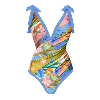 Deep V Vintage Print One Piece Σετ μαγιό Κομψό λουράκι μαγιό Holiday Beach Φόρεμα Ψηλόμεση Παραλία Push-Up