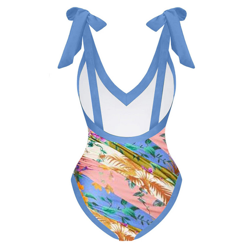 Set de costum de baie cu imprimeu vintage în V adânc, dintr-o bucată, costum de baie cu bretele decupate elegant, rochie de plajă de vacanță, îmbrăcăminte de plajă cu talie înaltă, push-up