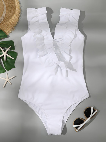 PLAVKY 2022 Sexy Women White Ruffle Crinkle Μαγιό One Piece Body Sexi Μαγιό με βαθύ V λαιμόκοψη Κοστούμι μπάνιου παραλίας Swim Monokini