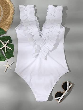 PLAVKY 2022 Sexy Women White Ruffle Crinkle Μαγιό One Piece Body Sexi Μαγιό με βαθύ V λαιμόκοψη Κοστούμι μπάνιου παραλίας Swim Monokini