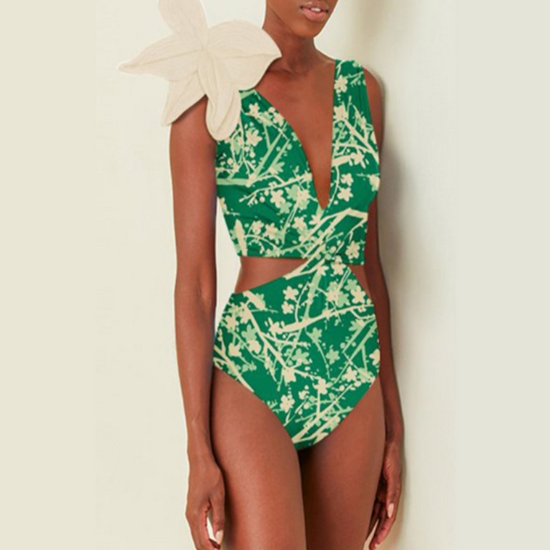 Ženski retro kupaći kostim Zeleni asimetrični kupaći kostim Deep V Dizajnerski kupaći kostim Vintage ljetna odjeća za surfanje