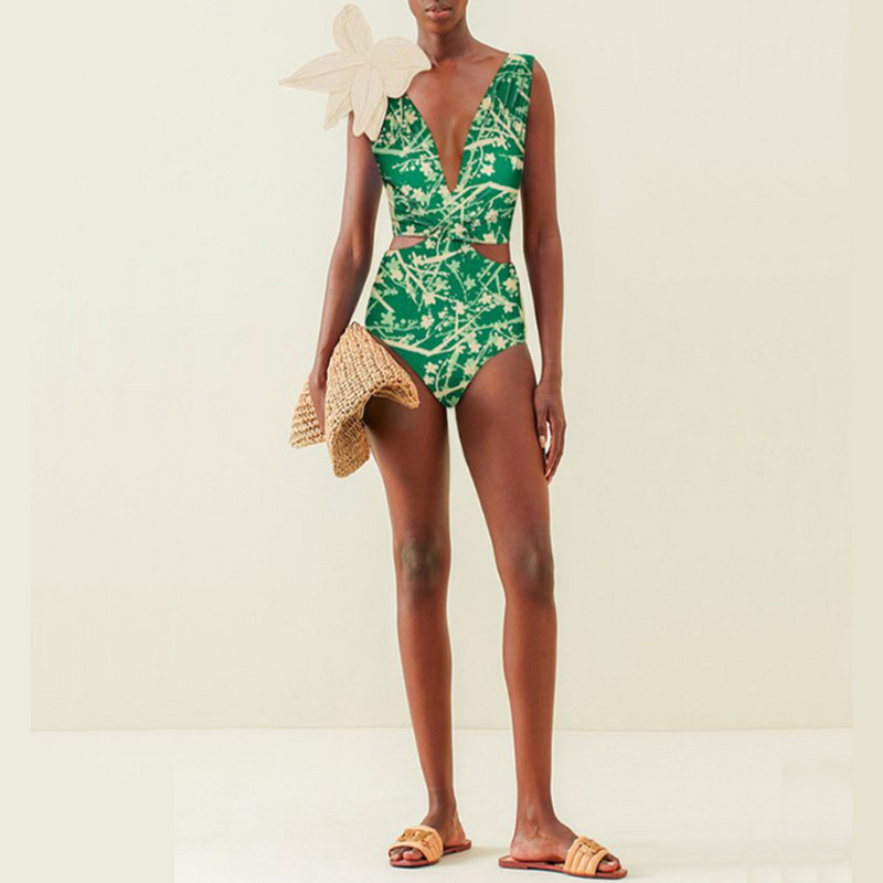 Ženski retro kupaći kostim Zeleni asimetrični kupaći kostim Deep V Dizajnerski kupaći kostim Vintage ljetna odjeća za surfanje