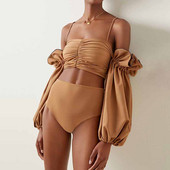 Vienkrāsains bikini peldkostīms ar pufām piedurknēm sievietēm ar garām piedurknēm peldkostīmi meitenēm Sieviešu pārsējs mežģīņu svītras izgriezums cieši