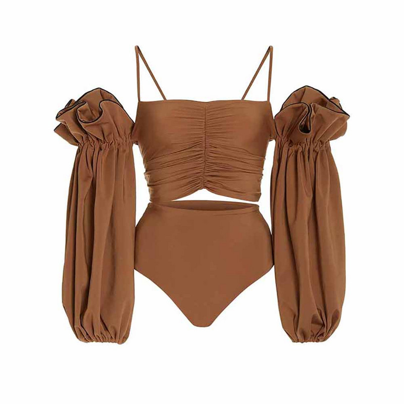 Μονόχρωμο μαγιό μπικίνι με φουσκωτό μανίκι για γυναίκες Μακρυμάνικο μαγιό για κορίτσια Γυναικείο επίδεσμο δαντέλα ριγέ κοψίδι στενό