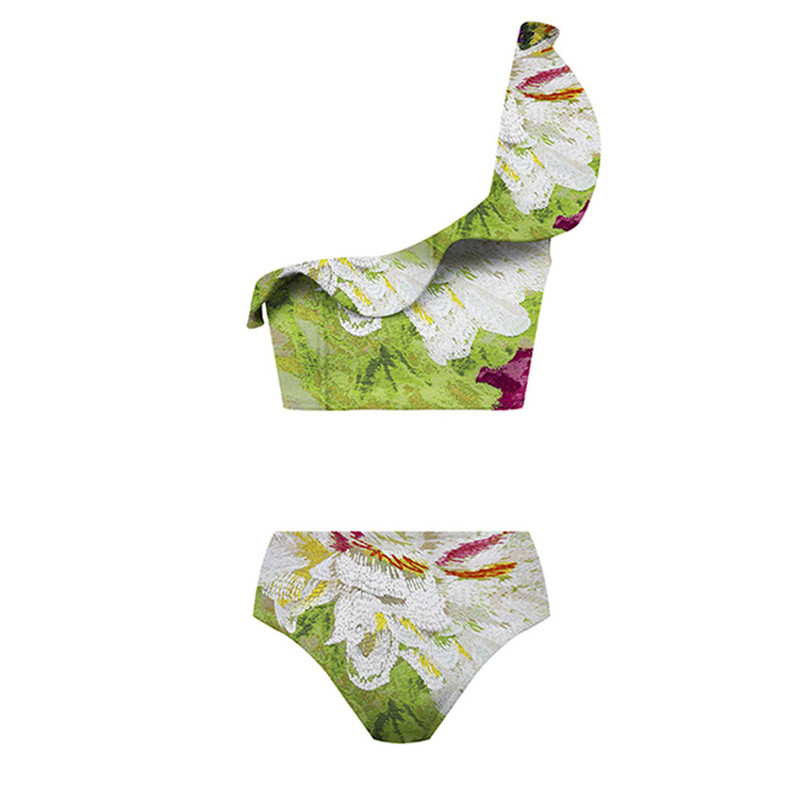 Divatos Ruffle the Shoulder fürdőruha kétrészes szett szoknyával Szexi nyomott bikini magas derekú fürdőruha Nyári Beach Wear Backless