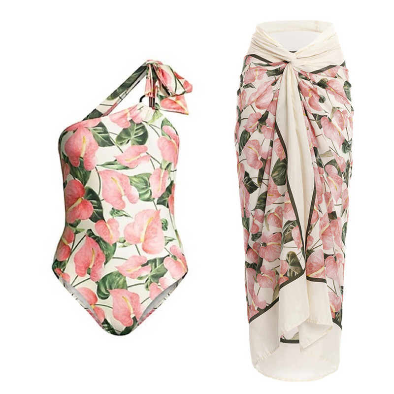 Ženska modna blagdanska haljina za plažu u boji, asimetrični kupaći kostimi Jednodijelni kupaći kostimi s otisnutim laticama i pokrivači