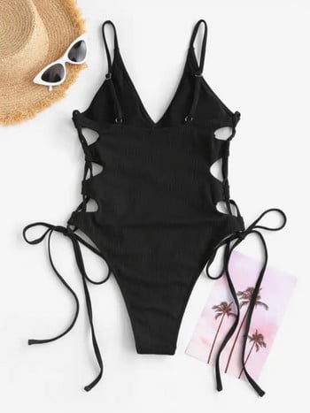 2022 Sexy One Piece μαγιό Push Up Γυναικεία Lace Up Monokini Μαύρο μαγιό Ολόσωμο μαγιό Μαγιό Ρούχα παραλίας XL