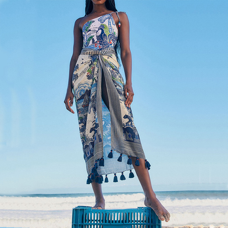 Plavi otisnuti bikini s naramenicama i šifonska bluza s resama Uski jednodijelni kupaći kostim za plažu s visokim strukom Bešavni ženski kupaći kostim