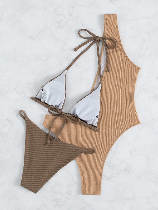 Egy vállú női fürdőruha, kontrasztos, bordás kivágású, egyrészes fürdőruha bikini szettekkel 2023 fürdőruha Monokini Bodysuit Khaki