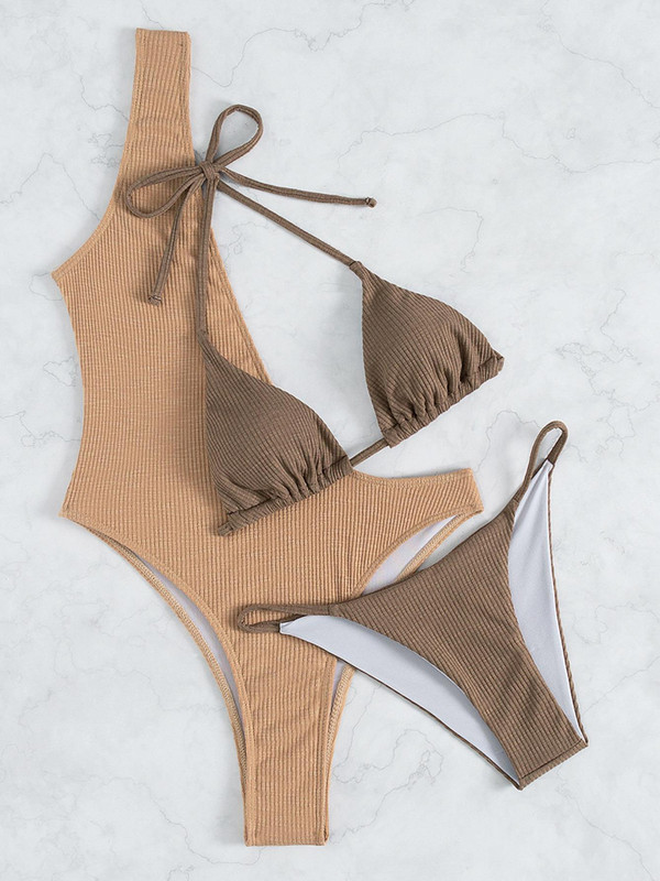 Egy vállú női fürdőruha, kontrasztos, bordás kivágású, egyrészes fürdőruha bikini szettekkel 2023 fürdőruha Monokini Bodysuit Khaki
