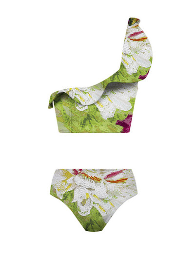 Divatos Ruffle the Shoulder fürdőruha kétrészes szett szoknyával Szexi nyomott bikini magas derekú fürdőruha Nyári Beach Wear Backless