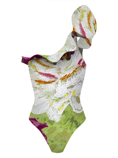 Divatos Ruffle the Shoulder fürdőruha kétrészes szett szoknyával Szexi nyomott bikini magas derekú fürdőruha Nyári Beach Wear Backless