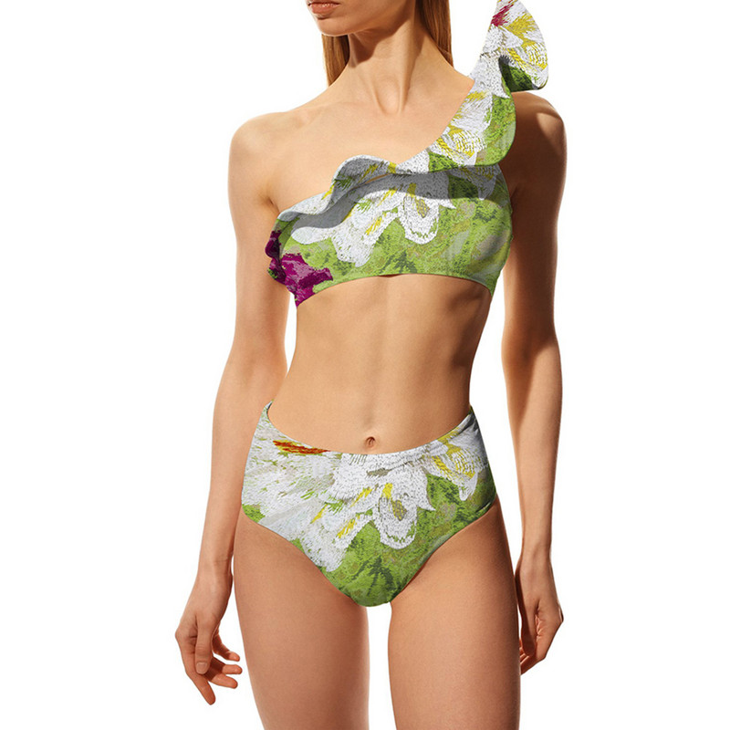 Divatos Ruffle the Shoulder fürdőruha kétrészes szett szoknyával Szexi nyomott bikini magas derekú fürdőruha Nyári Beach Wear Backless
