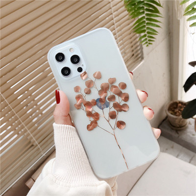 LUPWAY Husă de telefon din folie de aur vintage pentru iPhone 13 11 Pro Max 7 8 Plus 12 Pro XS Max X XR XS Max SE Copertă din frunze transparente