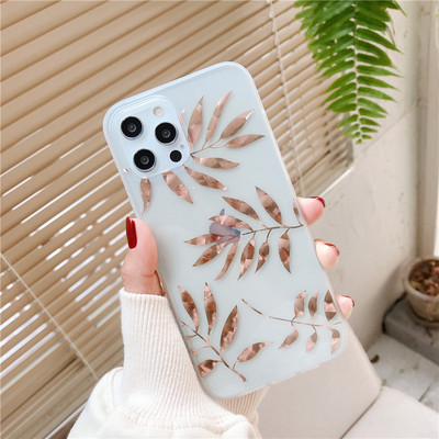 LUPWAY Husă de telefon din folie de aur vintage pentru iPhone 13 11 Pro Max 7 8 Plus 12 Pro XS Max X XR XS Max SE Copertă din frunze transparente