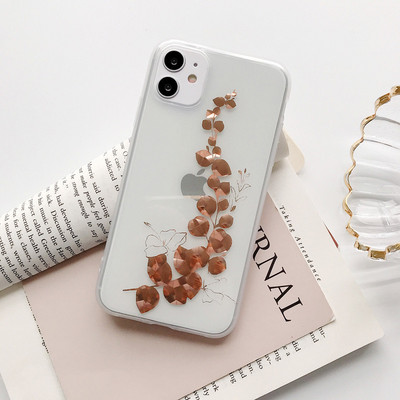 LUPWAY Husă de telefon din folie de aur vintage pentru iPhone 13 11 Pro Max 7 8 Plus 12 Pro XS Max X XR XS Max SE Copertă din frunze transparente