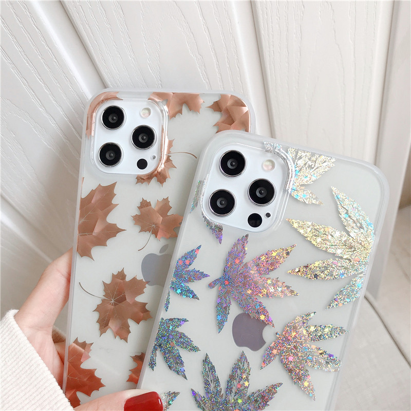 LUPWAY Husă de telefon din folie de aur vintage pentru iPhone 13 11 Pro Max 7 8 Plus 12 Pro XS Max X XR XS Max SE Copertă din frunze transparente