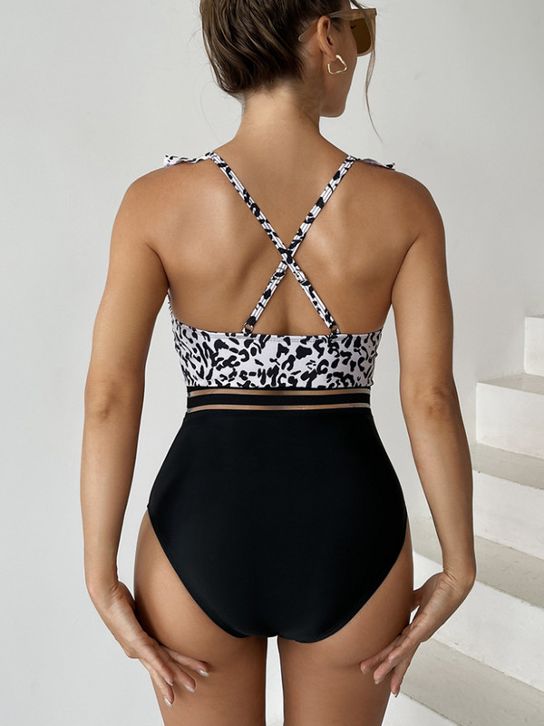 Vintage Leopard egyrészes öltöny Szexi fodros fürdőruha magas vágású fürdőruha női sport fürdőruha Patchwork Monokini Beach Wear