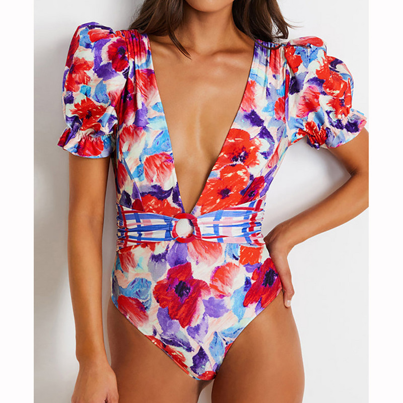 Costum de baie pentru femei 2022 costum de baie retro pentru femei Costume de baie dintr-o bucată Îmbrăcăminte de plajă cu mâneci bufante Bikini imprimat la modă de lux