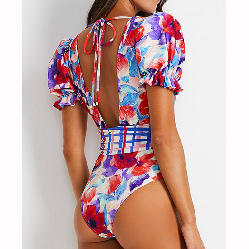 Costum de baie pentru femei 2022 costum de baie retro pentru femei Costume de baie dintr-o bucată Îmbrăcăminte de plajă cu mâneci bufante Bikini imprimat la modă de lux