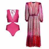 Ružičasti jednodijelni kupaći kostimi Odjeća za plažu s halterima Jednobojni izdubljeni bikiniji i pokrivala Modni kupaći kostimi dubokog v-a Ljetni bikini za kupanje