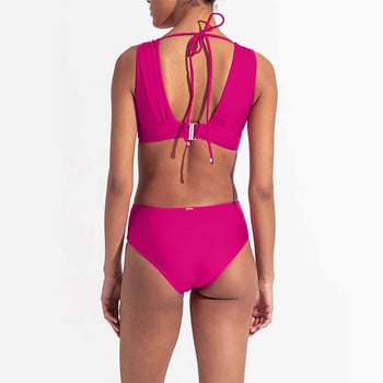 Ροζ ολόσωμα μαγιό Halter Beachwear Solid Hollow Out Bikinis and Cover Ups Fashion Deep-v Μαγιό Καλοκαιρινό μπικίνι κολύμβησης