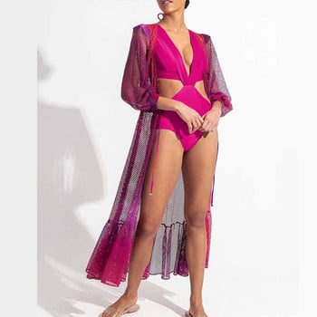 Ροζ ολόσωμα μαγιό Halter Beachwear Solid Hollow Out Bikinis and Cover Ups Fashion Deep-v Μαγιό Καλοκαιρινό μπικίνι κολύμβησης