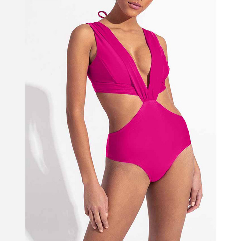 Ružičasti jednodijelni kupaći kostimi Odjeća za plažu s halterima Jednobojni izdubljeni bikiniji i pokrivala Modni kupaći kostimi dubokog v-a Ljetni bikini za kupanje