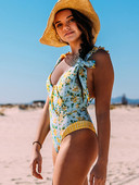 Fodros egyrészes fürdőruha, 2022-es szexi kék nyomott fürdőruha, női fűzős fürdőruha Strandruha hát nélküli monokini női body