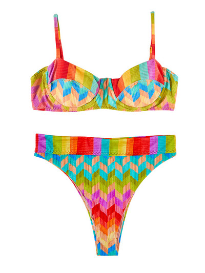 Γυναικεία Ρετρό Μόδα Rainbow Colorblock Σετ μπικίνι με κρόσσια γιορτινά φόρεμα παραλίας Σχεδιαστής μαγιό Καλοκαιρινό ρούχα για σέρφινγκ