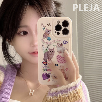 Ins Kawaii Котешки стикери Калъф за телефон за iPhone 14 Plus 11 12 13 Pro Max 14 Pro Cover Сладки анимационни защитни калъфи Силиконови Funda